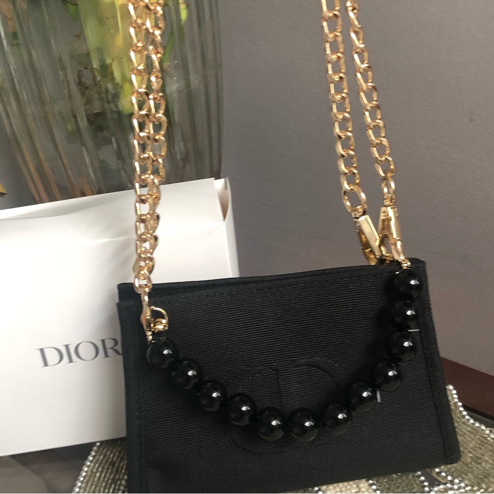 Black Christian dior makeup pouch with chain/pearl - Picture 8 of 14